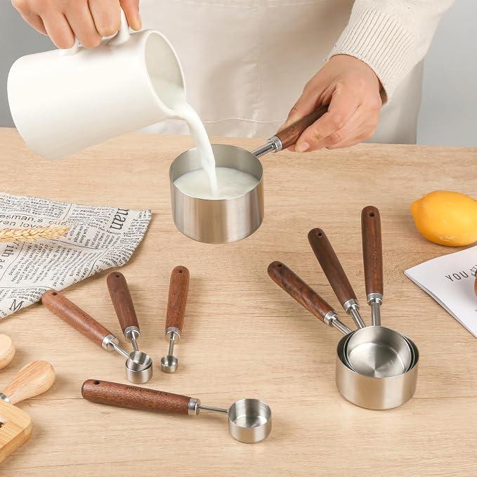 Measuring Cups and Spoons Set 8, 18/8 Stainless Steel Measuring Cups and Spoons Set for Baking and Kitchen, Metric & US Metal Measure Cup & Spoon with Wood Handle for Dry & Liquid