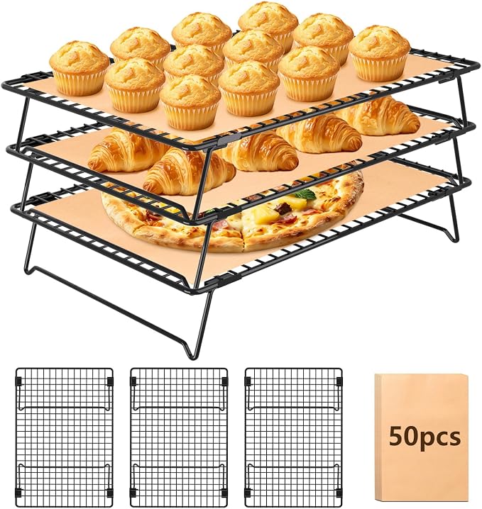 13.4 * 9.4 IN 3-Tier Collapsible Cooling Rack with 50 Pcs Baking Papers | Cookie Cooling Racks, Wire Rack For Cooking & Baking, Dessert Display, Drying, Dishwasher Safe, Black
