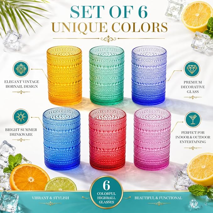 Khen Plastic Hobnail Drinking Highball Glasses Set of 6 Bright Tones Cups 14oz, Shatterproof & Unbreakable Acrylic Beaded Design, BPA-Free, Dishwasher Safe Indoor/Outdoor Drinkware Water, Cocktails
