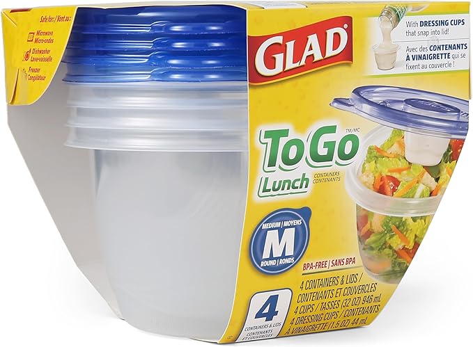 Glad GladWare To Go Lunch Containers with Dressing Cup, 32 Oz, 4 Count