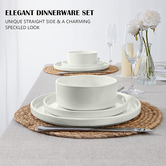 E-far Dinnerware Sets for 6, 18-Piece Stoneware Plates and Bowls Set, White | Modern Kitchen Dining Dishware, Chip and Scratch Resistant, Microwave & Dishwasher Safe, Speckled White