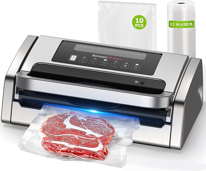 Bonsenkitchen Vacuum Sealer Machine with Globefish Technology, Low-Noise | Powerful Food Vacuum Sealer, High-Speed Continuous Working, Built-in Cutter & Bag Storage for Food Preservation, Silver