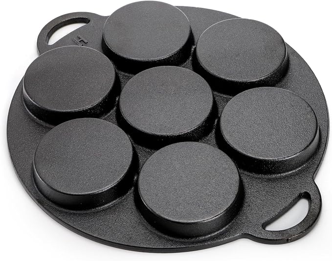 Hiceeden Cast Iron Muffin Pan, 7 Impressions Biscuit Pan with Handle, Pancake Mini Cake Pan with Spreader and Shovel for Baking Dessert, Cupcake