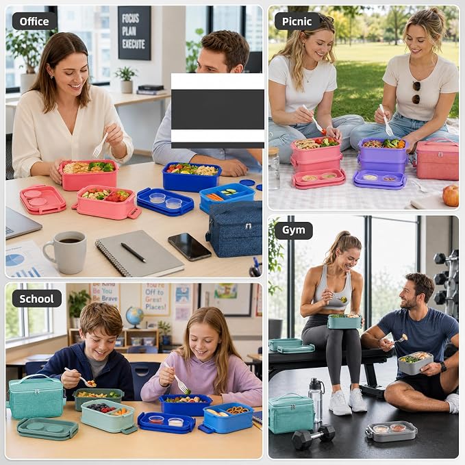 Adults Lunchbox Bento Box with Lunch Bag- 74 OZ All-in-One Stackable Lunch Box for Adults Kids Women Men Leakproof Bento Large Lunch Box Containers with Fork Spoon Sauce Box for Work School (Grey)