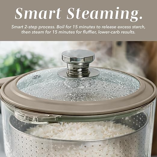 COOK WITH COLOR Glass Mini Low Carb Rice Cooker – Holds 2 Cups Raw/Makes 6 Cups Cooked with Auto Lift Filter Basket, Hotpot & Steamer for Rice, Grains, Digital Panel with Keep Warm, Greige