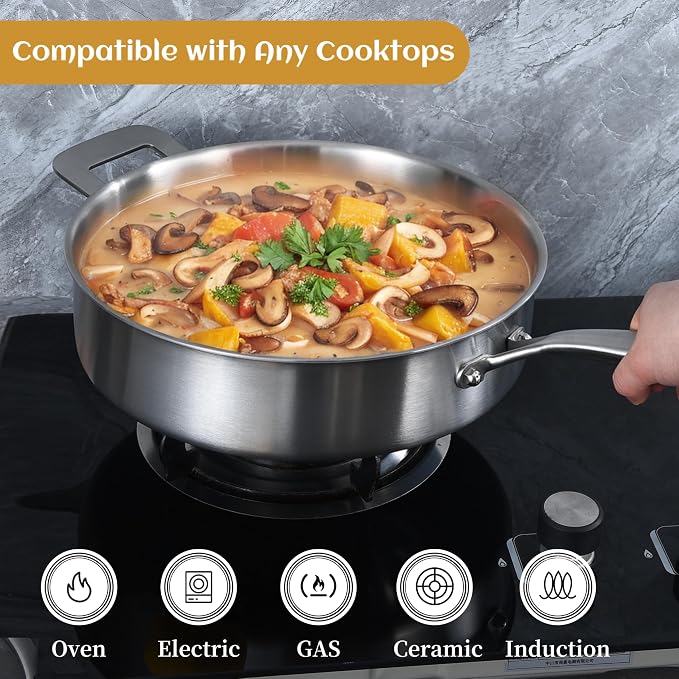 7-Quart Tri-Ply Stainless Steel Saute Pan wih Lid, 12 Inch Deep Frying Pan | Induction Cooking Skillet | Jumbo Cooker | Dishwasher & Oven Safe | Compatible with All Cooktops | Two Handles for Conversion