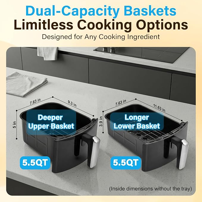 11QT Large Double Air Fryer, family size Dual Basket | Deep Top & Long Bottom for Whole Chicken & Ribs, 430°F High-Heat Broil, 360° Rapid Circulation, 6 in 1 Preset Function