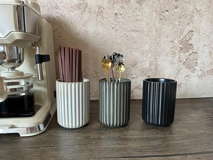 TOPYOKK Stoneware Coffee Bar Utensil Holder Tea & Coffee Spoon & Stirrer Holder for Stir Stick Straw Teaspoon Holder Espresso Spoon Cup Small Utensil Jar Fluted Vertical Stripe (Retro Bronze)