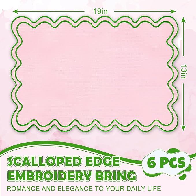 Whaline Pink Green Linen Placemats Embroidered Scalloped Kitchen Table Mats for Baby Shower Birthday Spring Party Home Dining Table Decor, Set of 6, 13 x 19 in