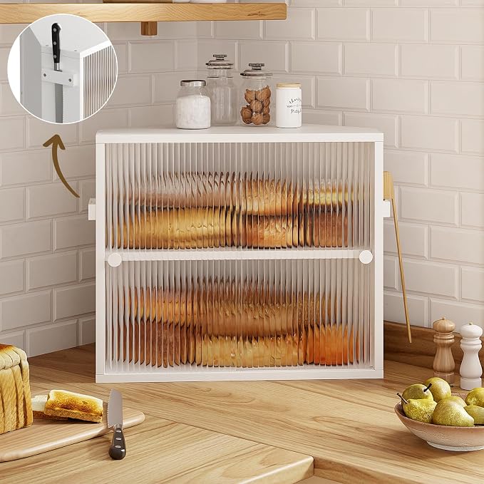 Corner Bread Box with Sliding Acrylic Doors, Double Layer Bread Bin | Bread Box for Kitchen Countertop, Bamboo Bread Storage Container, Large Capacity Vintage Farmhouse, White, Meduim