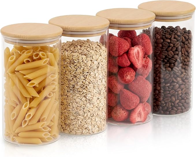 4-Pack Glass Storage Jars with Bamboo Lids, 1200ml Airtight Food Storage Containers, Clear Pantry Organizers and Storage Canisters Set for Cereal, Snack, Candy, Kitchen