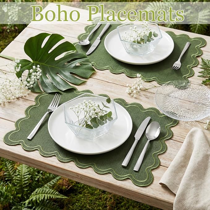 Linen Placemats Set of 12 Scalloped Placemat 13 X19 Wavy Embroidery Double Layered Washable Farmhouse Dinner Fabric Table Mat Napkin for Wedding Party Restaurant (Regular,Moss Green)