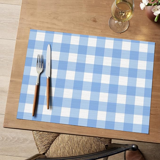 Artoid Mode Buffalo Plaid Vinyl Placemats Set of 4, 12x18 Inch Washable Non-Slip Heat Resistant Plastic Place Mats for Party Dining Table, Blue/White