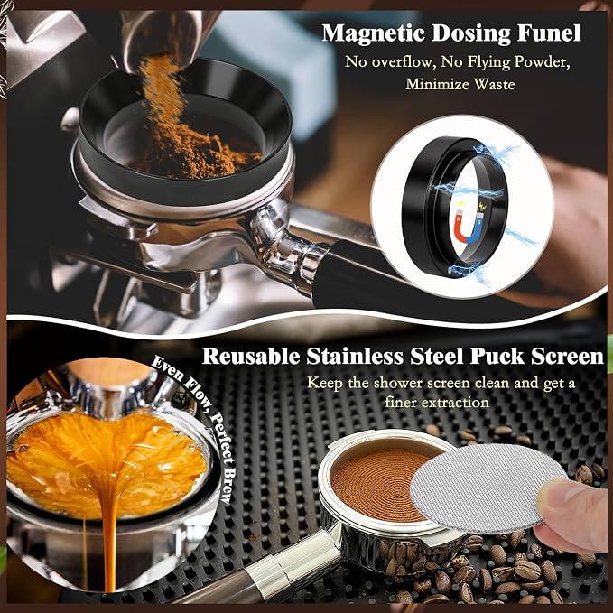 8 PCS Espresso Accessories Kit, 58mm Espresso Tamper Kit Coffee Tamper Set with Coffee Distributor, Espresso Tamping Station, Espresso WDT Stirrer,Dosing Funnel, Fits Breville 58 mm Portafilter