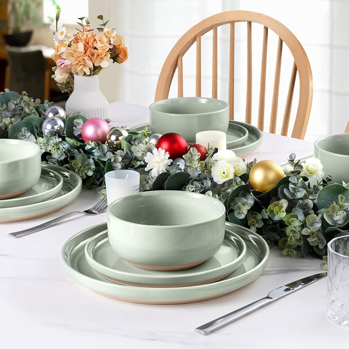LIANYU Porcelain Dinnerware Set for 2, 6 PCS Stoneware Dinner Plates and Bowls, Ceramic Dining Dishes Set for Dessert Salad Pasta, Microwave & Dishwasher Safe, Fog Green