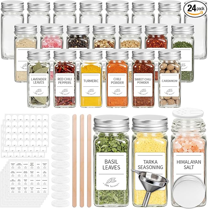 24 Pack Glass Spice Jars with Labels, 4oz Spice Containers with Sliver Lids | Includes 249 Labels, Metal Funnel, Extra Shaker Lids & Stirring Stick for Kitchen Seasoning Organization