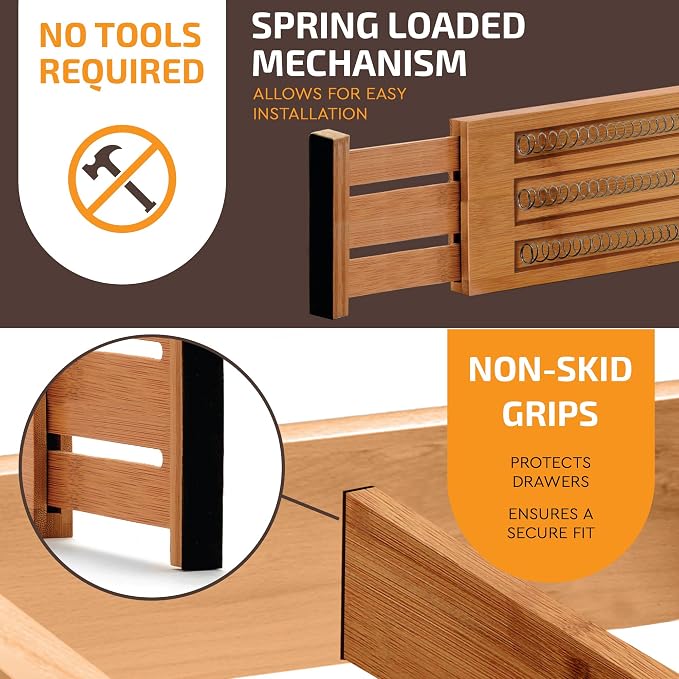 6-Pack Deep Drawer Dividers 4-Inch High Dresser Drawer Organizer, Bamboo | Adjustable 11.5-17 Inch Spring-Loaded Separators for Clothes, Utensils, Socks, Bedroom, Bathroom, Kitchen, Office, No Tools