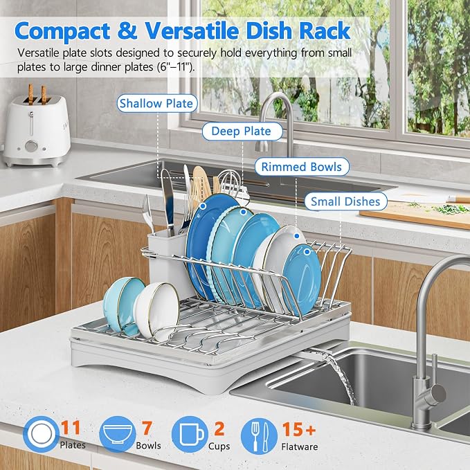 ANTOPY 304 Stainless Steel Dish Drying Rack for Kitchen Counter, Gray | Rustproof Dish Drainer with Removable Cutlery Holder, Self-Draining Drainboard, Compact Kitchen Drying Rack, 16.5''Lx11.8''W