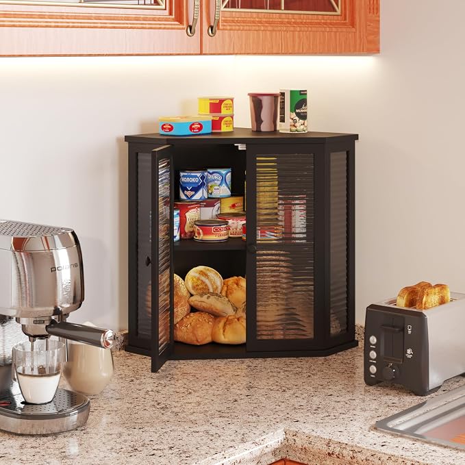 Corner Bread Box for Kitchen Counter, Black Bamboo Bread Box with Real Glass Door, Double Layer Space Saving Bread Storage for Homemade Bread