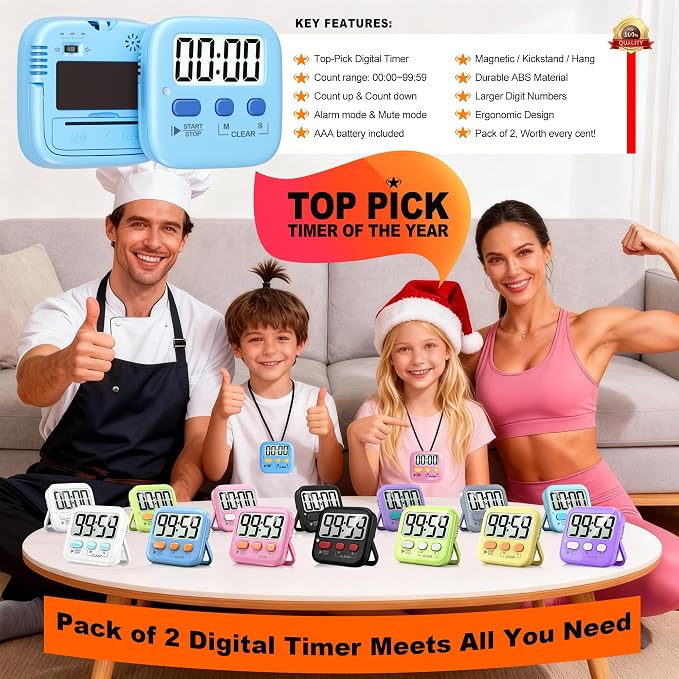 2 Pack Digital Timer for Kids Classroom Kitchen Timers for Cooking | w/ Battery, Easy to View, Alarm, Mute Mode, Count Down/Up, Magnetic, Kickstand, Hanging, Classroom Timer for Teacher Supplies