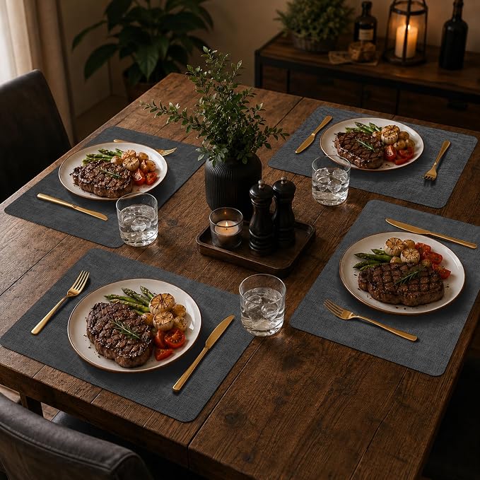 Maxpearl Faux Leather Placemats Set of 8, Easy to Clean, Dark Grey | Waterproof - Heat Resistant - Non Slip - Wipe Clean Dining Table Place Mats, Suitable for Indoor & Outdoor Use, 17''×12''