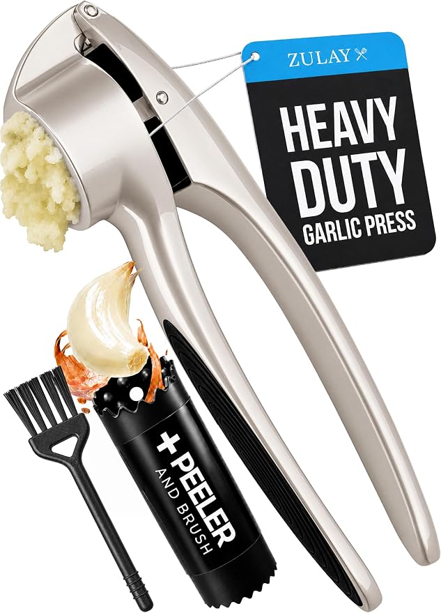 Zulay Kitchen Premium Garlic Press Set – Rust Proof & Dishwasher Safe Garlic Mincer Tool with Silicone Garlic Peeler & Brush, Easy Squeeze & Clean, Ergonomic Soft Grip Handle - Medium – Silver