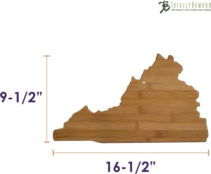 Totally Bamboo Virginia State Shaped Bamboo Serving And Cutting Board, Brown | State charcuterie board with natural bamboo grain. Knife-friendly surface for food prep. Hang tie for wall display.