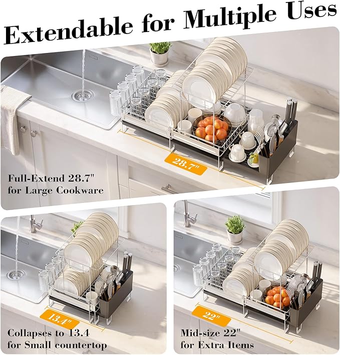 Delamu 2 Tier Dish Drying Rack, Large Dish Racks for Kitchen Counter, Stainless Steel Multifunctional Dish Drainer with Cutlery & Cup Holders, Extendable from 13.4 to 28.7 in, Black
