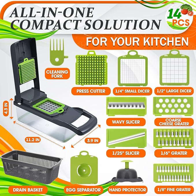 14-in-1 Vegetable Chopper with Container, 6 Blades & Finger Guard | Veggie Chopper with Container and Lid, Cheese Grater & Egg Separator, Dishwasher Safe, Dices Onion, Potato, Chips & Cubes