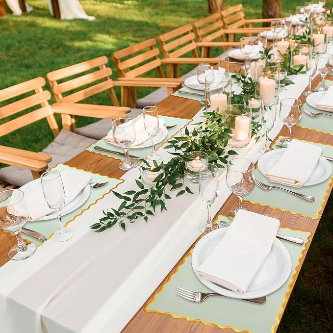 FoldTier 150 Pcs Disposable Paper Placemats Bulk 10"x14" Rectangle Place Mats with Scalloped Edges Dining Table Mat for Wedding Birthday Party Table Decoration(Sage Green)