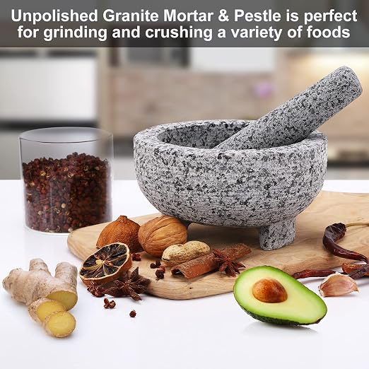 Mortar and Pestle Set, Unpolished Granite Grinder Bowl 6 Inch - 2 Cups | For Herbs Pesto Pastes Seasonings Grinder, Guacamole, With Non-Slip, Matsmolcajete mexicano
