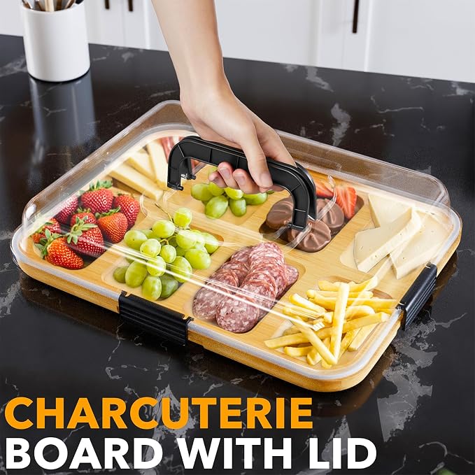 SpaceAid Charcuterie Board with Clear Lid, Portable Travel Cheese Cutting Boards for Picnic Accessories, Bamboo Serving Tray with Lids, House Warming Gifts, Black Handles, 8 Compartments