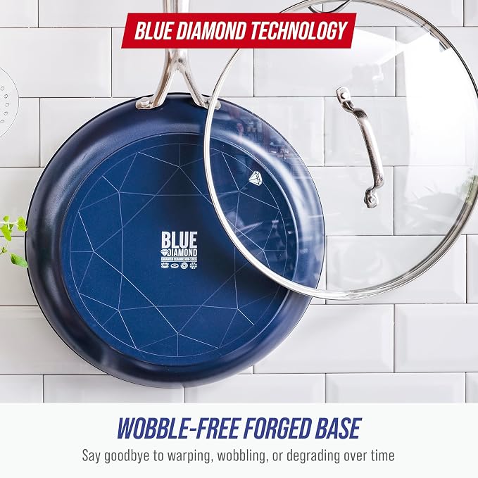 Blue Diamond 12" Diamond Ceramic Nonstick Frying Pan Skillet with Lid, Blue | PFAS-Free Ceramic Nonstick, Dishwasher & Oven Safe, Stay Cool Handle, Durable Metal Utensil Safe, Egg & Omelet Pan