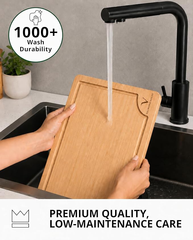 Bamboo Cutting Boards for Kitchen - Premium Carbonized Bamboo Cutting Board Set of 3 with Deep Juice Groove, Side Handles & Stand, Heavy Duty for Meat, Charcuterie & Serving
