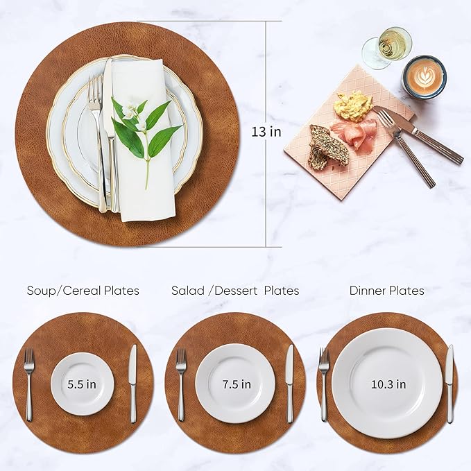 ADRIMER Placemats, Heat Resistant Round Placemats Set of 4 Washable, Waterproof Table Mats, Wipeable Faux Leather Place Mats for Kitchen, Dining Room, Turmeric Brown+Light Brown+Green+Blue