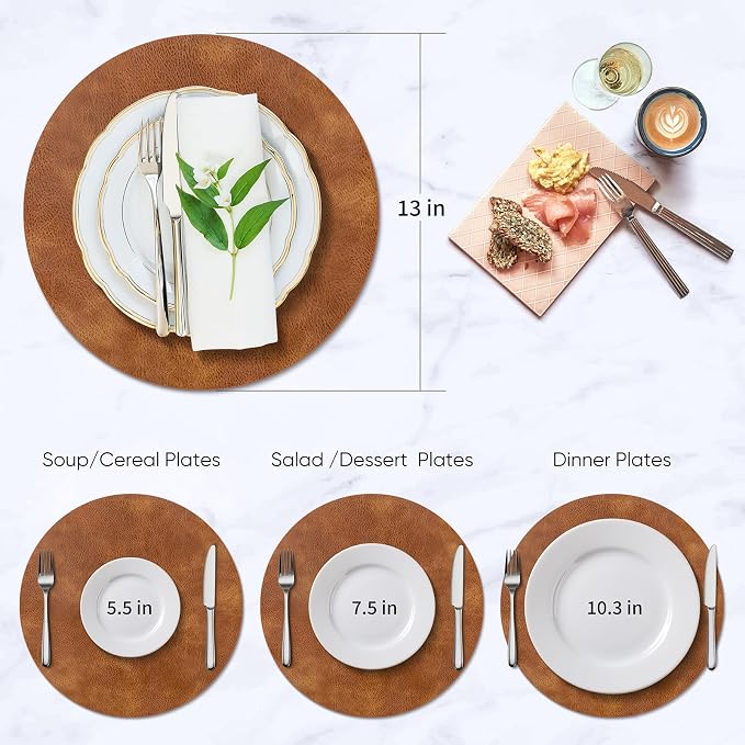 ADRIMER Placemats, Heat Resistant Round Placemats Set of 6 Washable, Waterproof Table Mats, Wipeable Faux Leather Place Mats for Kitchen, Dining Room, Turmeric Brown