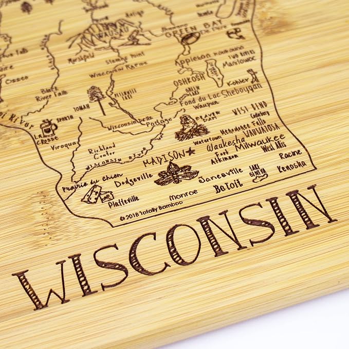 Totally Bamboo A Slice of Life Wisconsin Engraved Map Cutting Board | 11” x 8.75” charcuterie board with engraved state map artwork. Smooth reverse side for food prep. Hang tie for wall display.