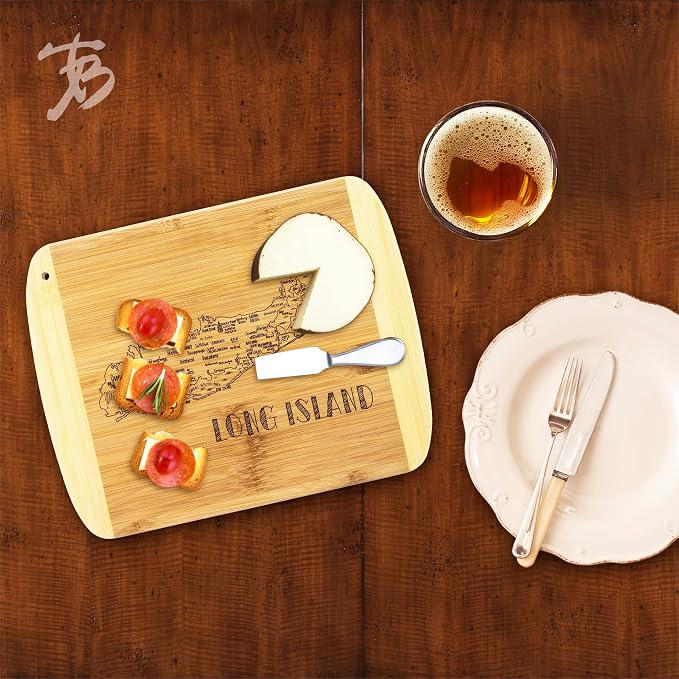 Totally Bamboo A Slice of Life Long Island Engraved Map Cutting Board | 11" x 8.75" charcuterie board with engraved map artwork. Smooth reverse side for food prep. Hang tie for wall display.
