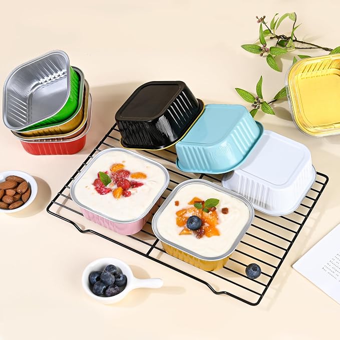 40 Pack Mini Cake Pans with Lids, 5oz Square Aluminum Foil Brownie Baking Cups, Muffin Tin Ramekins, Disposable Dessert Cupcake Cups for Wedding Birthday Party, Blue