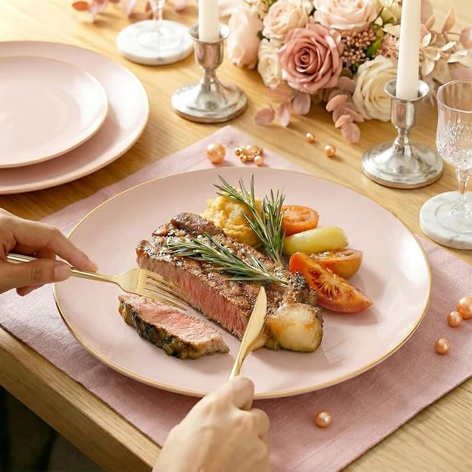 IOOOOO 150 PCS Pink Plastic Plates,Heavy Duty Pink Disposable Plates | Pink Plates Set Include 30 Pink Dinner Plates&30 Pink Dessert Plates,30 Gold Plastic Silverware Set for Wedding,Party