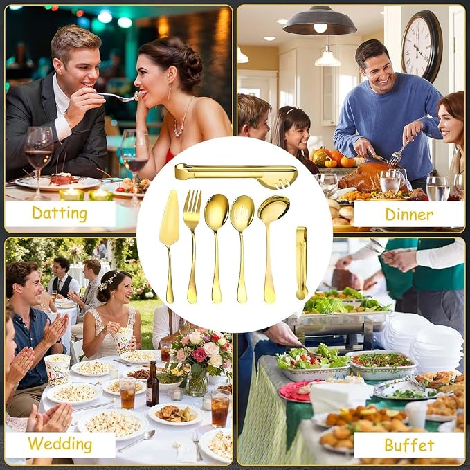 12 Pcs Gold Serving Utensils Set Include Stainless Steel Large Serving Spoons Slotted Spoons Forks Soup Ladle Pie Server - Metal Utensils for Parties Buffet Catering, Dishwasher Safe