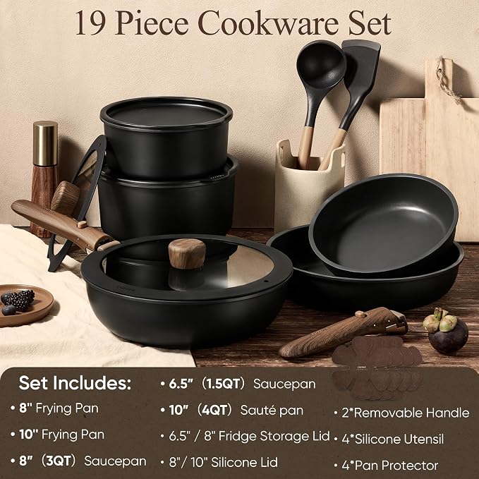 CAROTE 19pcs Pots and Pans Set Non Stick, Detachable Handle Cookware Set | Induction Compatible, Dishwasher & Oven Safe, Space Saving, for Camping/RV/Traveling, Kitchen Cooking Set, Black