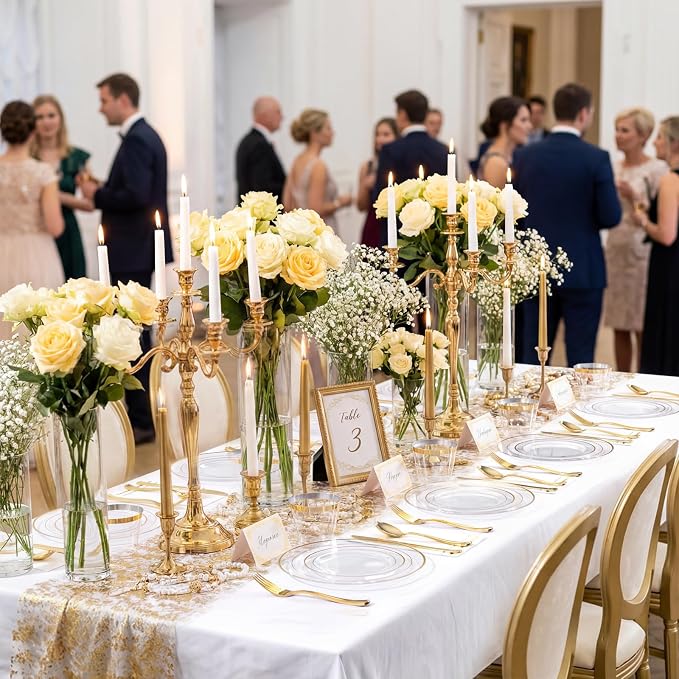 GATHER 350PCS Clear Plastic Plates with Gold Rim for Wedding and Party | Clear and Gold Disposable Dinnerware Sets include 100 Plates, 150 Silverware, 50 Napkins, 50 Cups for Anniversary Birthday