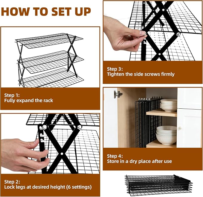 4 Tier Collapsible Cooling Rack Sourdough Cooling Rack 17"x10" | Cooling Racks for Cooking and Baking, Roasting, Grilling, Adjustable 6 Setting Design stackable, Oven & Dishwasher Safe