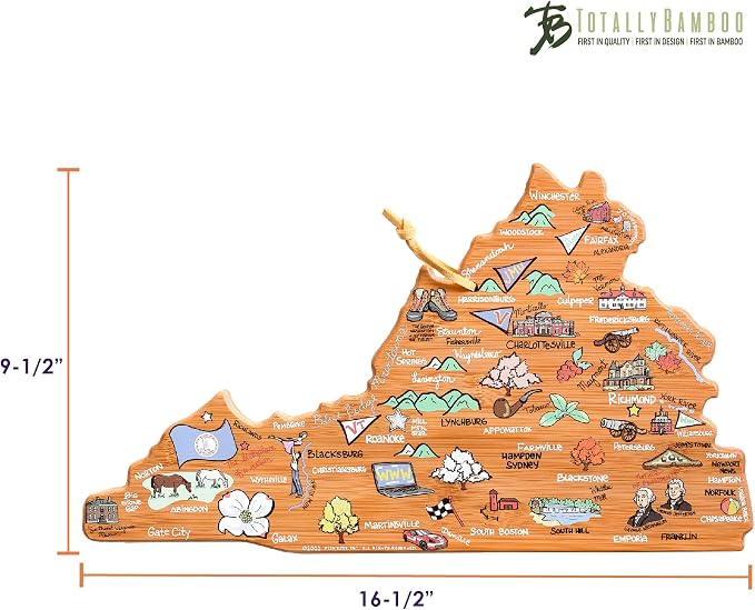 Totally Bamboo Virginia State Shaped Cutting Board, Art by Fish Kiss | State charcuterie board with colorful hand-drawn map artwork. Smooth reverse side for food prep. Hang tie for wall display.