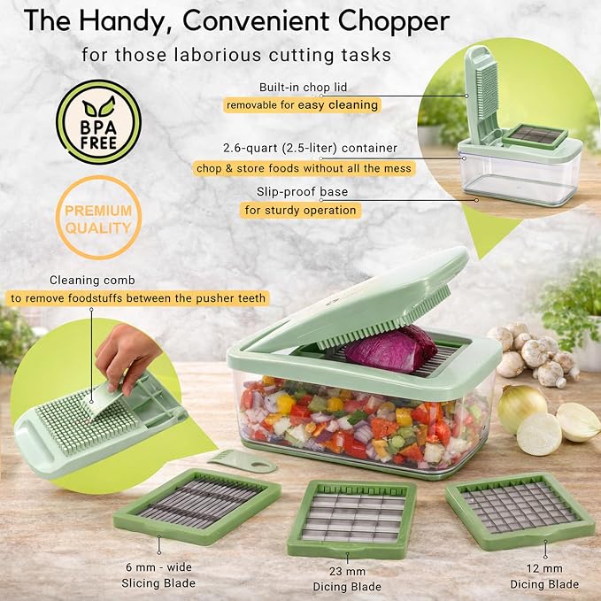Onion Chopper Vegetable Dicer: Brieftons QuickPush Push-Down Food Chopper, Green, 3 Extra Large Blades, 200% More Cutting Area, 2.6-Quart Container, No Electricity, 12mm/23mm Dice & 6mm Slice