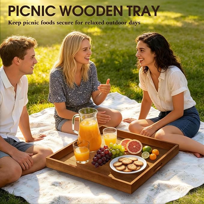 Extra Large Ottoman Tray, 24" Square Black Walnut Wood Serving Tray | Farmhouse Wooden Decorative Tray with Handles, Oversized Coffee Table Tray, Serving Platter Tray for Living Room, Countertop
