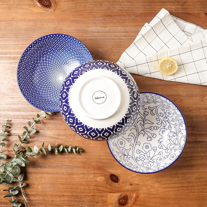 Selamica Ceramic Large Salad Bowls Set, 53 OZ Pho Bowls 8 Inch Soup Bowls for Kitchen, Large Serving Bowls for Ramen Pasta Fruit Dinner, Stackable & Sturdy, Set of 3, Vintage Blue