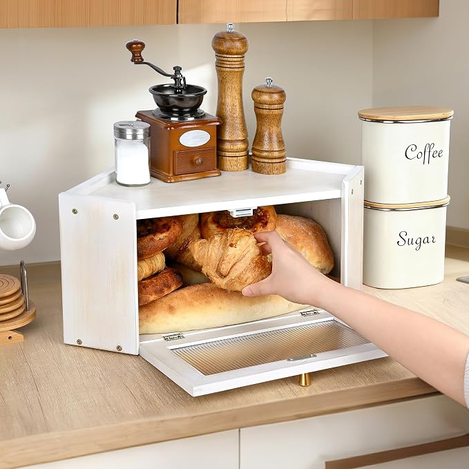Bread Box for Kitchen Countertop with Acrylic Window White | Farmhouse Bread Storage Container, Large Pantry Organizers for Homemade Snacks, Loaves, Breathable Keeps Bread Fresh