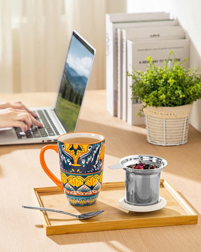 vancasso 18 Oz Tea Infuser Mug with Lid, Amber Iris Bloom | Eye-Catching Bohemian Pattern, Adds Charm to Any Tea Corner, Ceramic Mug with Infuser, Microwave and Dishwasher Safe